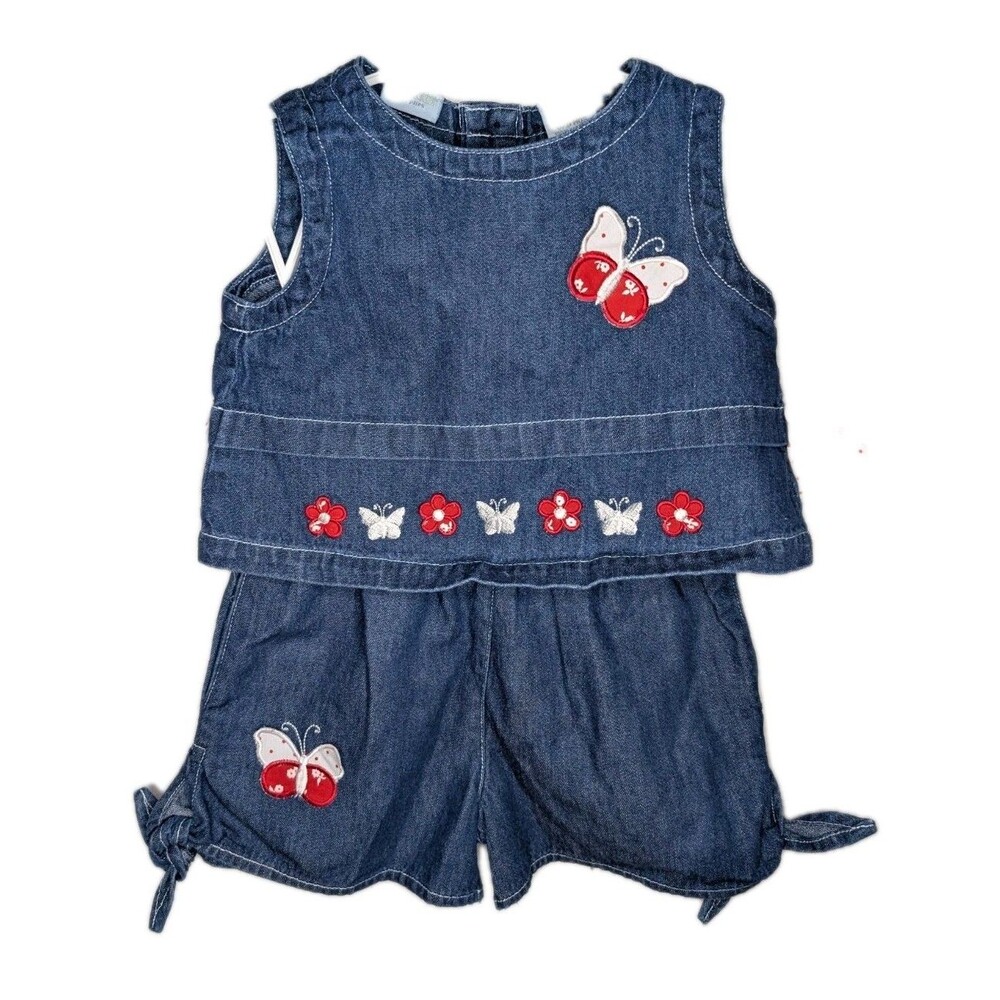 Vintage KRU Baby Girl's Size 6-9 Months Top & Shorts Red & White Butterfly Denim
